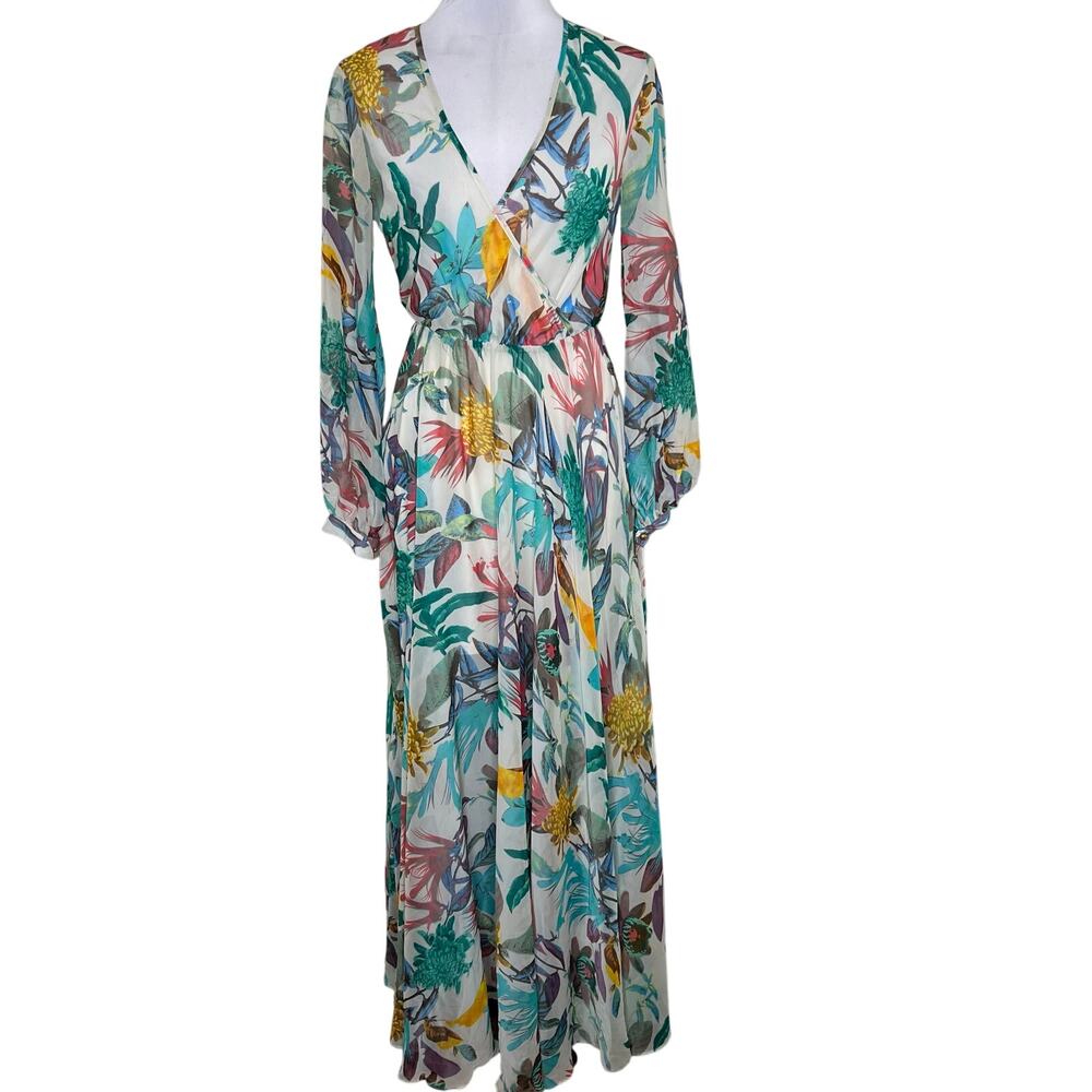 Ark & Co Maxi Dress Small Floral Tropical Faux Wrap V-Neck Sheer Long Sleeve